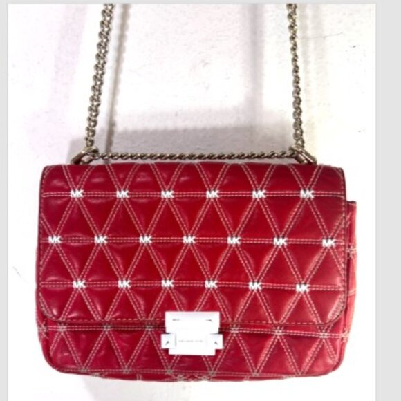 Michael Kors Sloan Quilted Stud red leather white Clutch Shoulder bag chain link - Picture 1 of 13